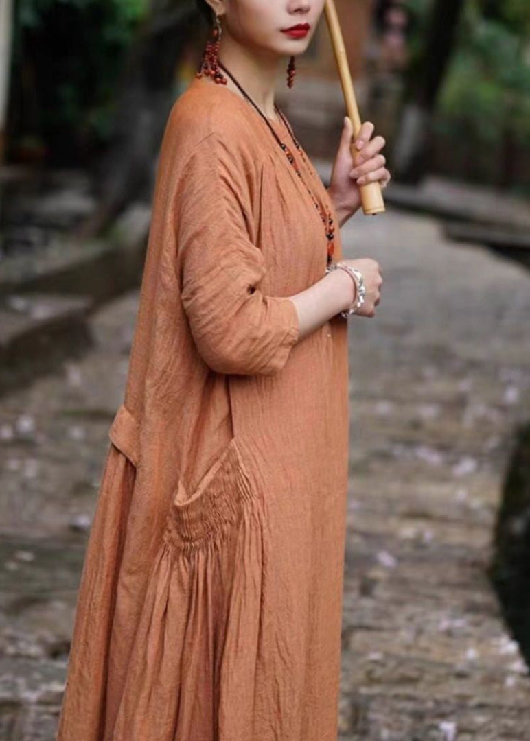 Orange V Neck Pockets Linen Long Dresses Bracelet Sleeve