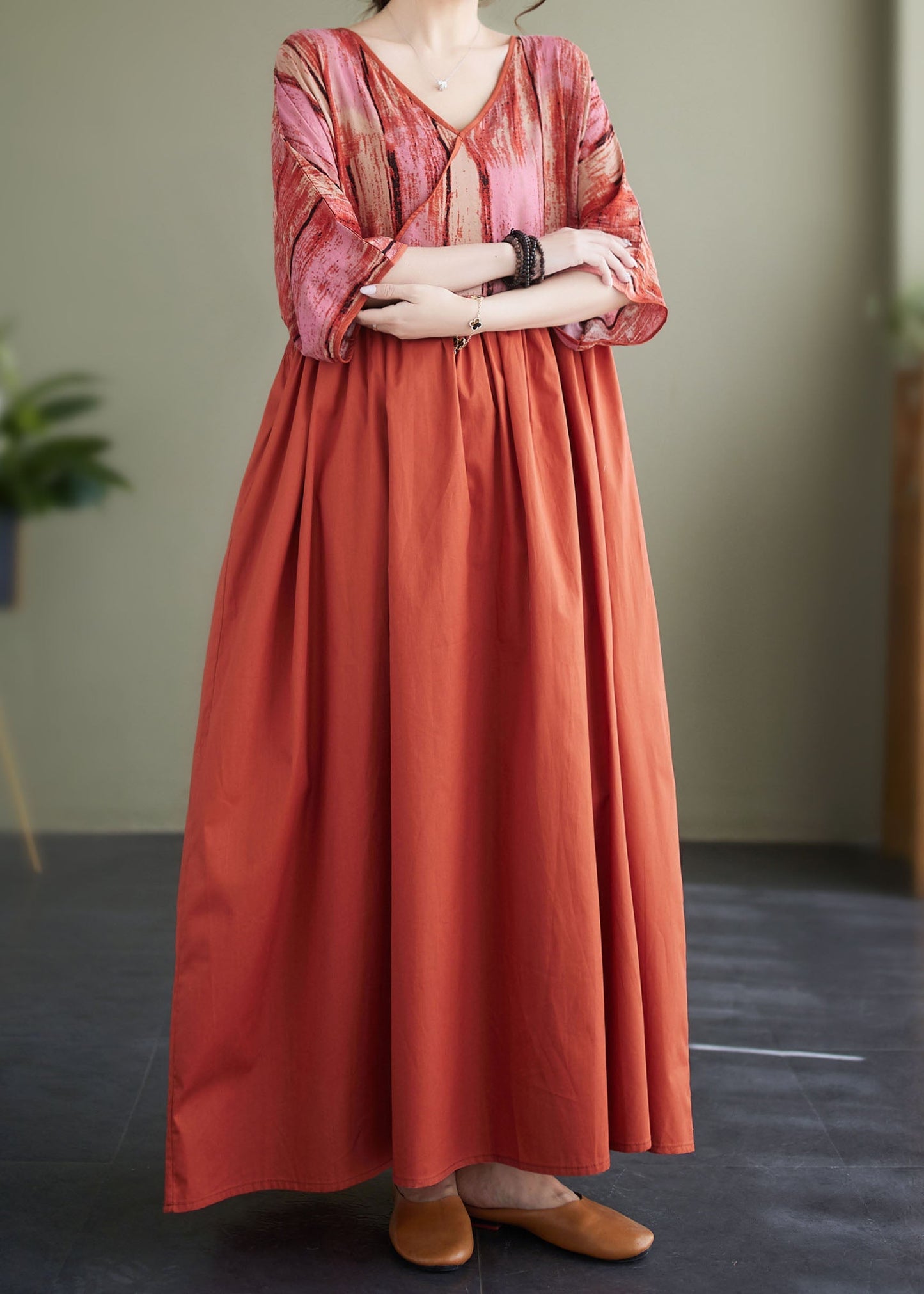 Orange V Neck Print Patchwork Cotton Loose Dresses Summer