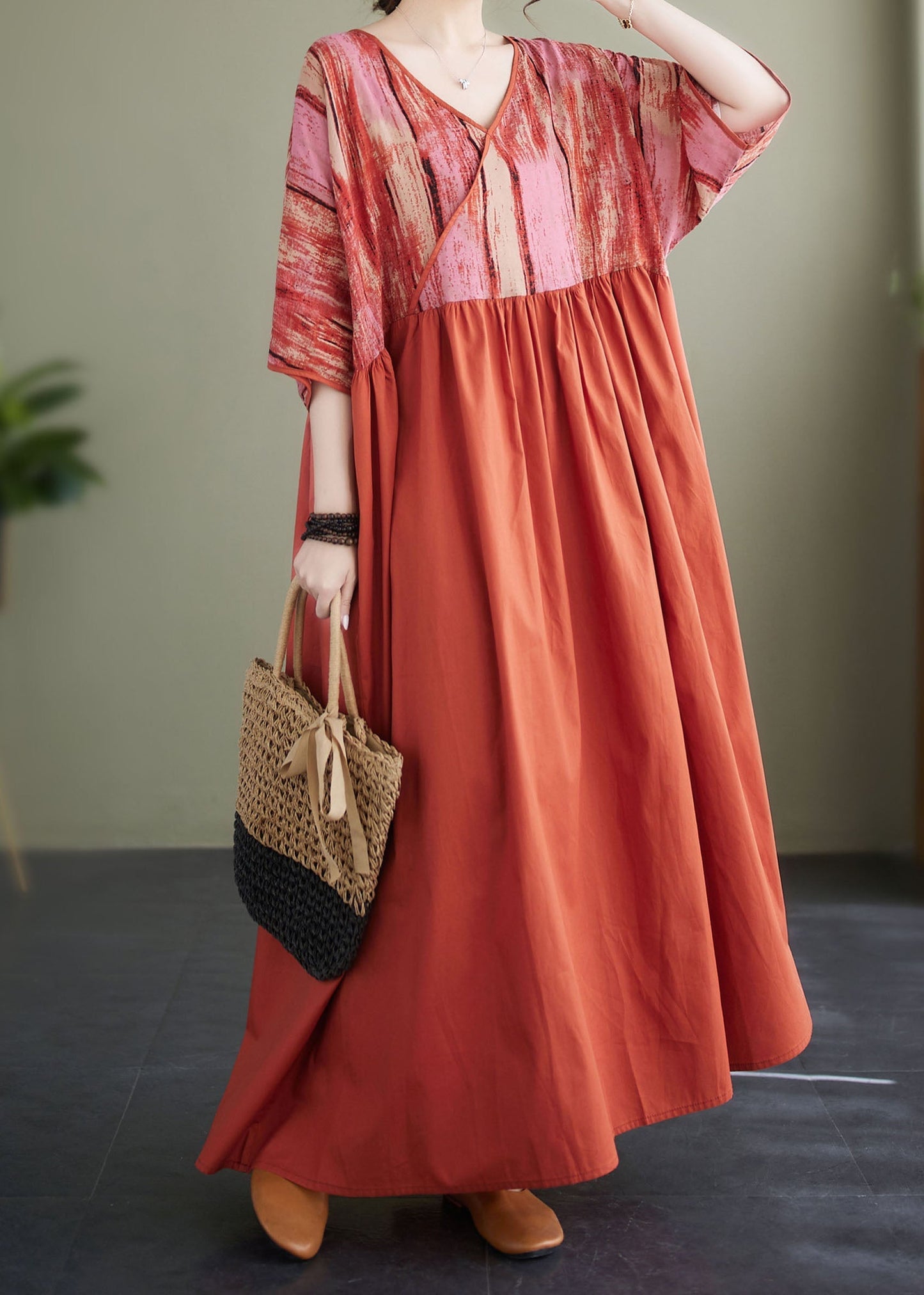 Orange V Neck Print Patchwork Cotton Loose Dresses Summer