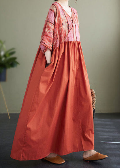 Orange V Neck Print Patchwork Cotton Loose Dresses Summer