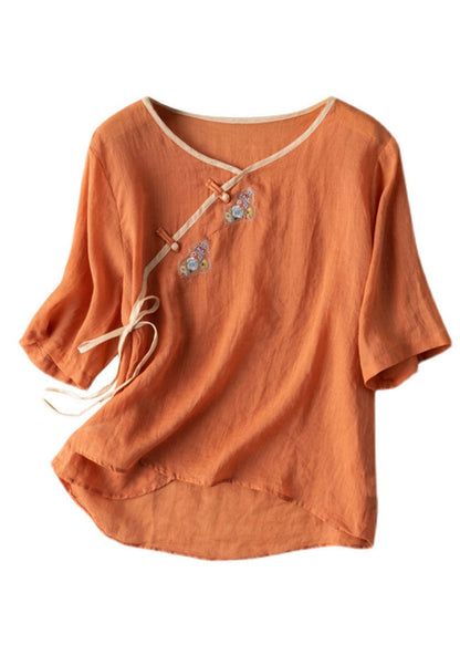 Orange V Neck Tie Waist Embroideried Linen Shirt Top Spring