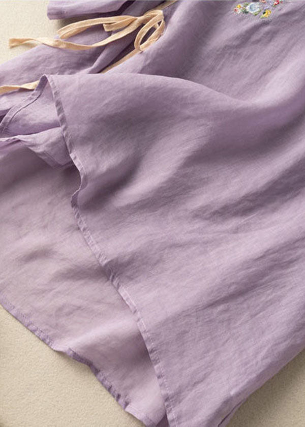Orange V Neck Tie Waist Embroideried Linen Shirt Top Spring