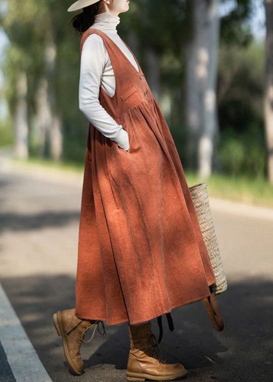 Orange Wrinkled Pockets Corduroy Vest Dresses Sleeveless