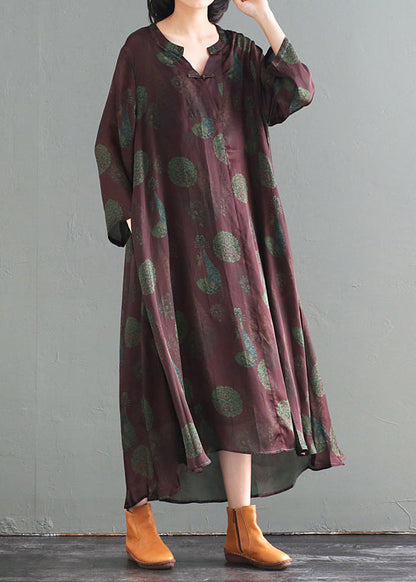 Oversized Chinese Button Print Silk Long Dress Fall