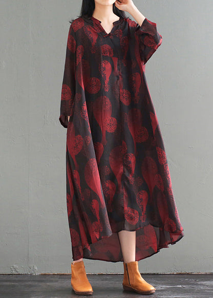 Oversized Chinese Button Print Silk Long Dress Fall