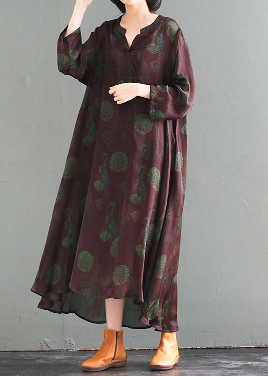Oversized Chinese Button Print Silk Long Dress Fall