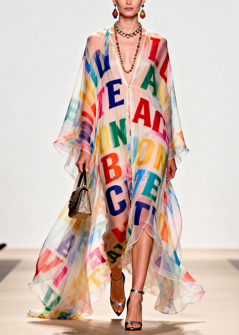 Oversized Letter Print Exra Large Hem Chiffon Beach Dress Summer