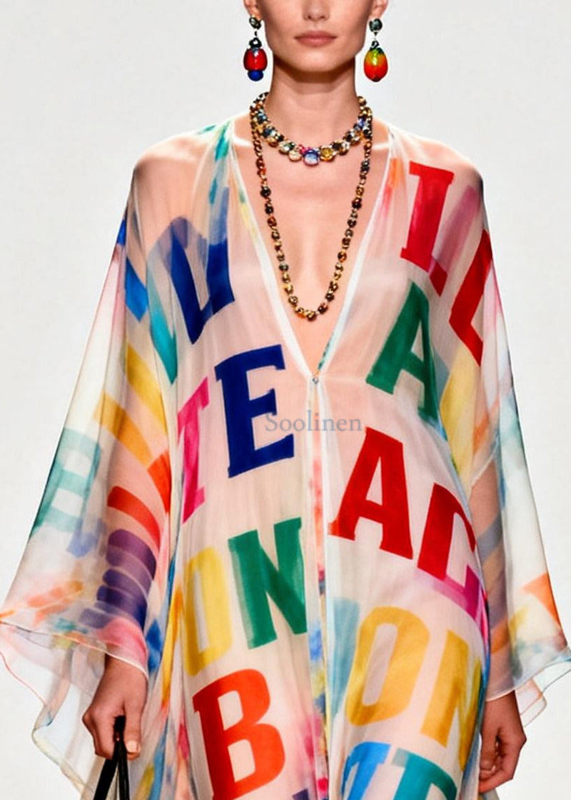 Oversized Letter Print Exra Large Hem Chiffon Beach Dress Summer