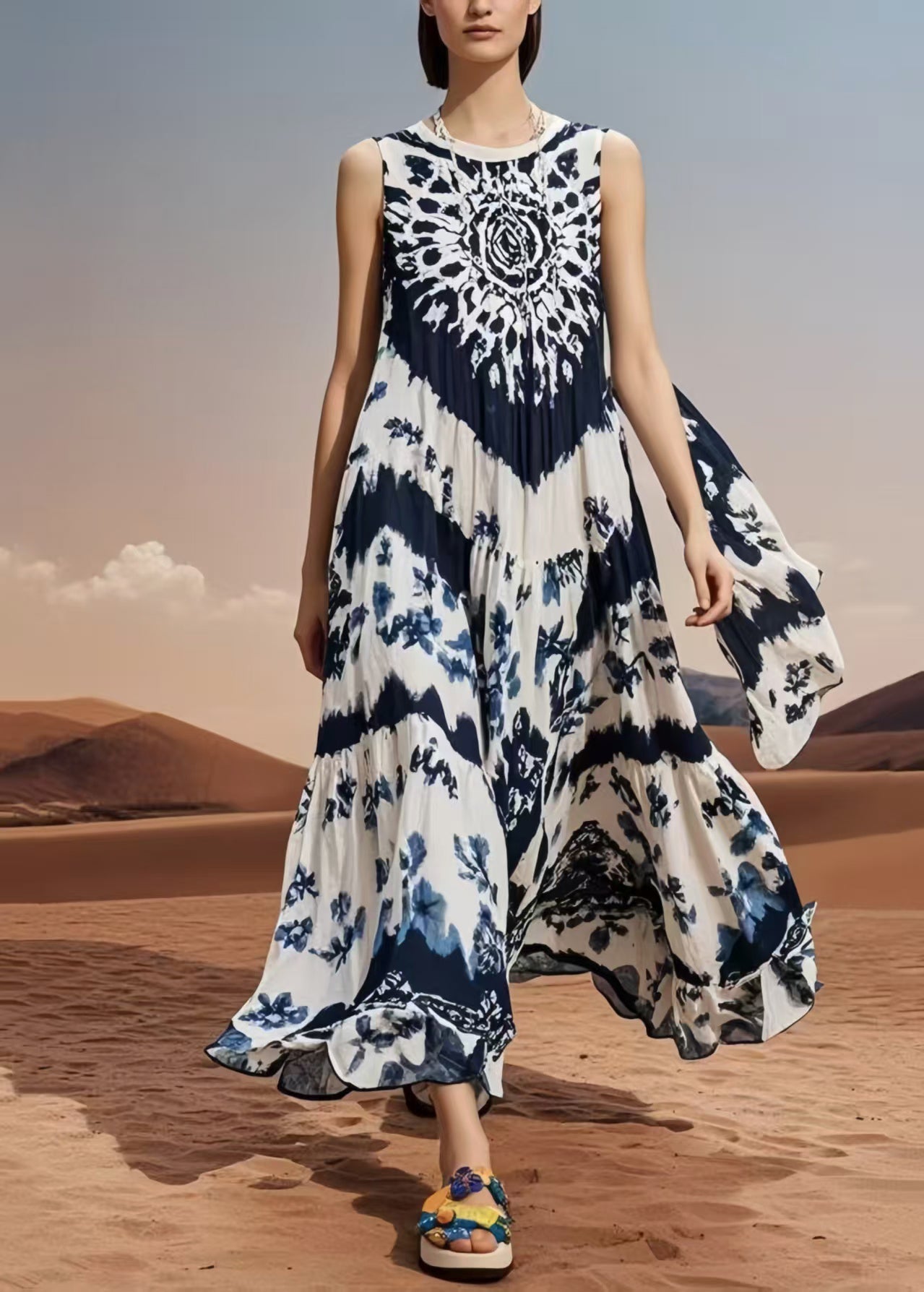 Oversized Print Cotton Vacation Dresses Sleeveless