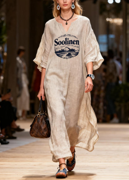Oversized Print Linen Maxi Dresses Summer