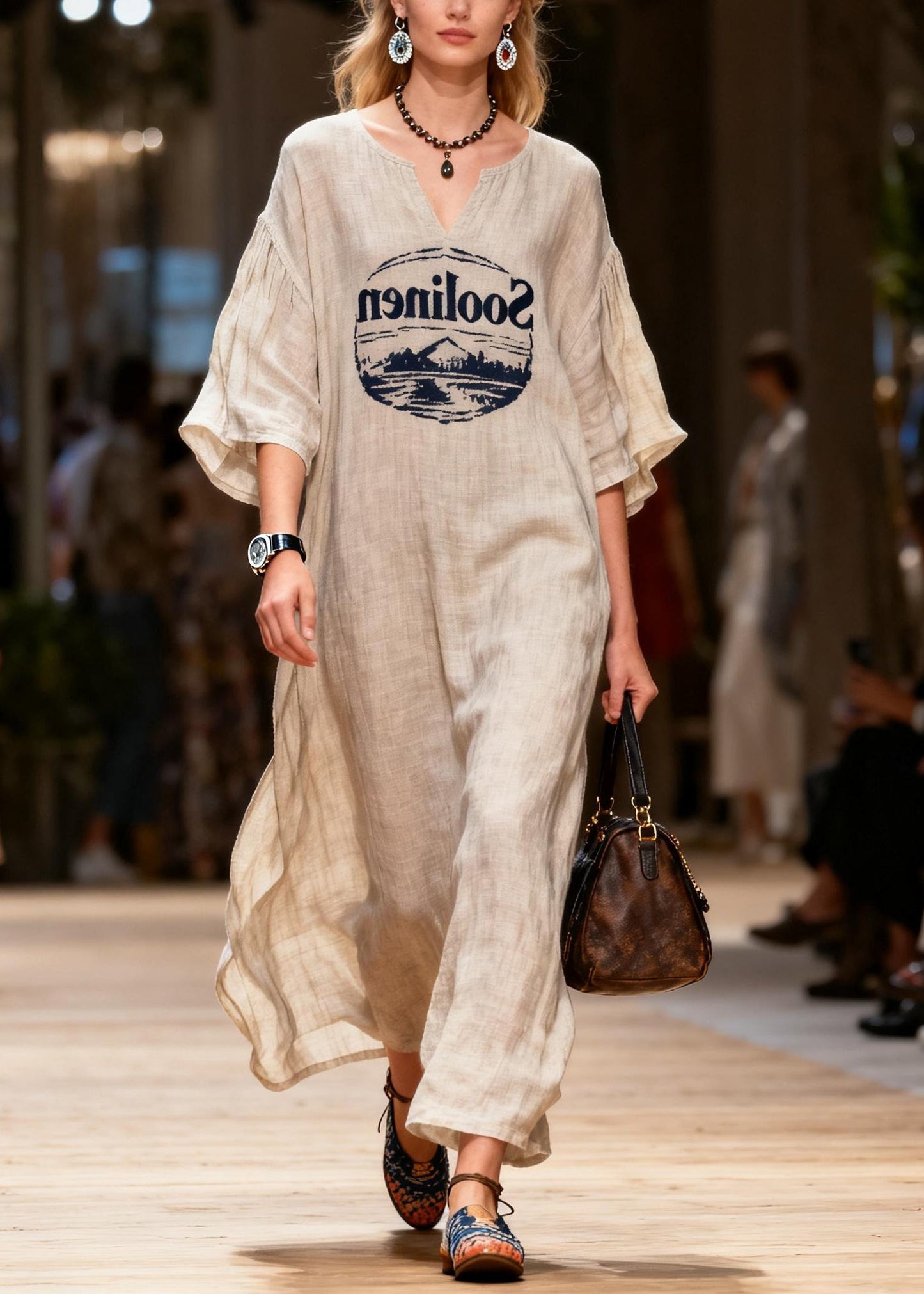 Oversized Print Linen Maxi Dresses Summer