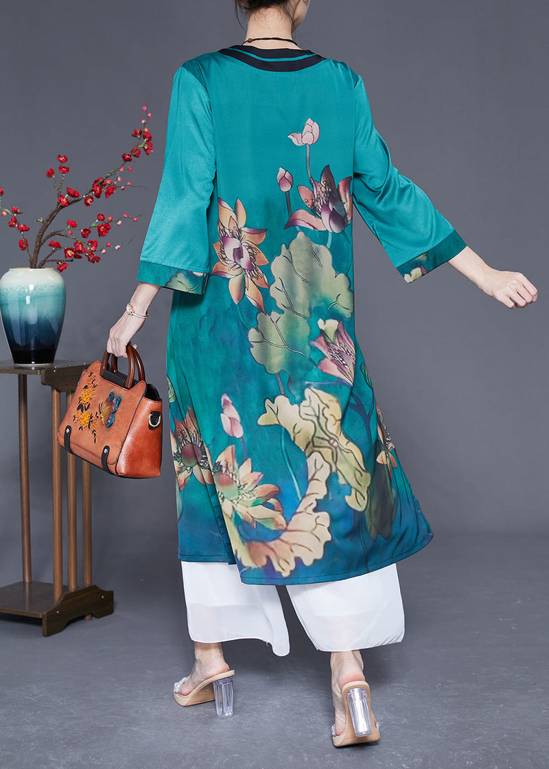 Peacock Blue Print Side Open Silk Holiday Dress Bracelet Sleeve