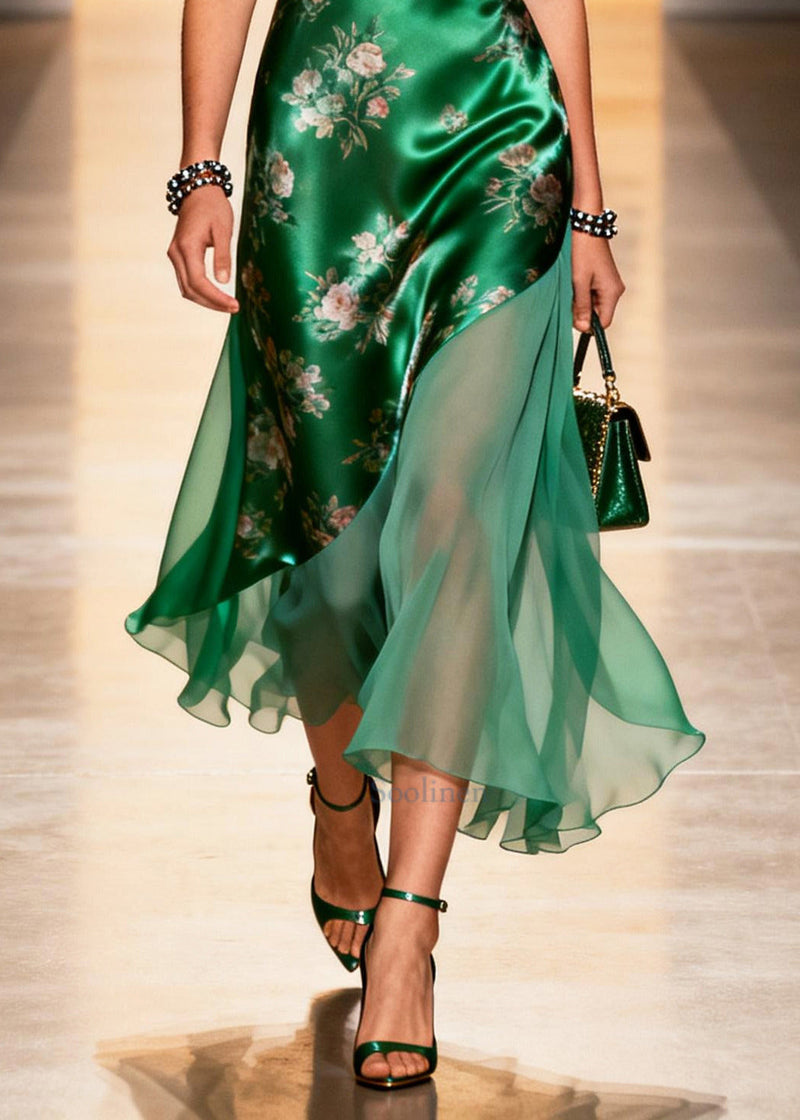 Peacock Green Print Patchwork Silk Cami Dresses Summer