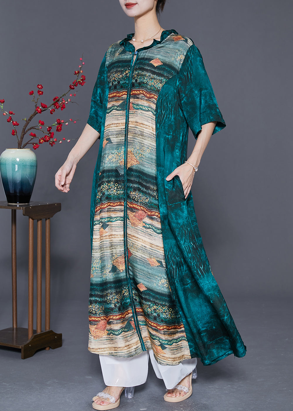 Peacock Green Ruffled Patchwork Print Silk Dresses Summer