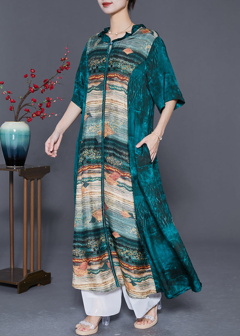 Peacock Green Ruffled Patchwork Print Silk Dresses Summer