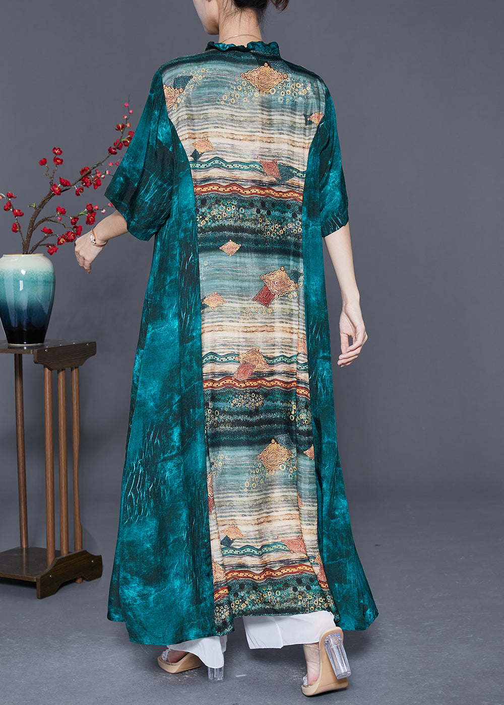 Peacock Green Ruffled Patchwork Print Silk Dresses Summer