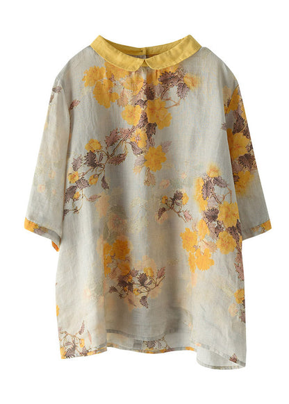 Peter Pan Collar Print Button Linen Shirt Half Sleeve