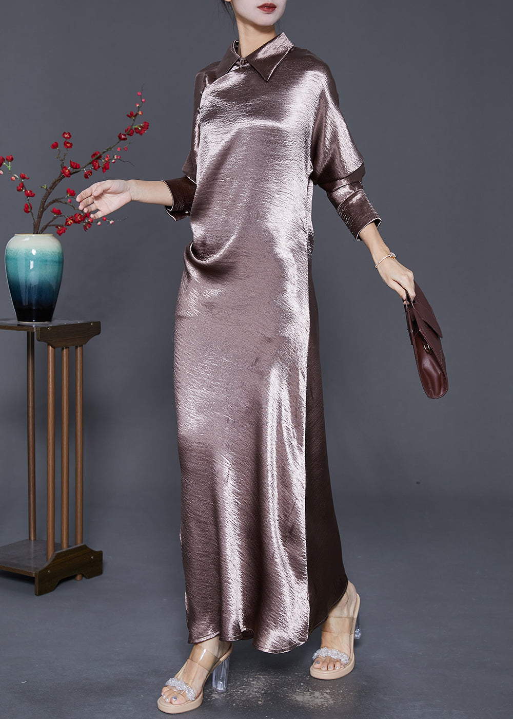 Peter Pan Collar Side Open Silk Long Dress Fall