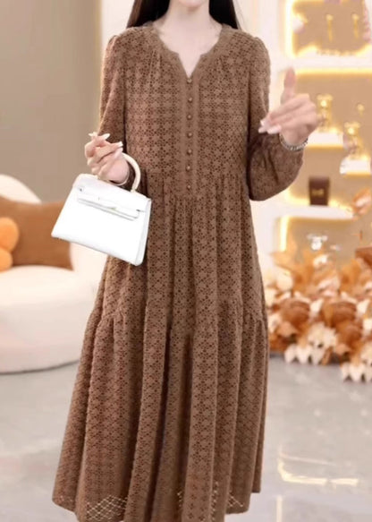 Photo Color V Neck Patchwork Button Silk Velvet Maxi Dresses Spring