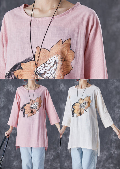 Pink Asymmetrical Print Linen Blouse Tops Fall