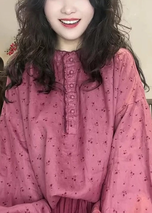 Women Pink Button Print Cotton Blouse Top Spring
