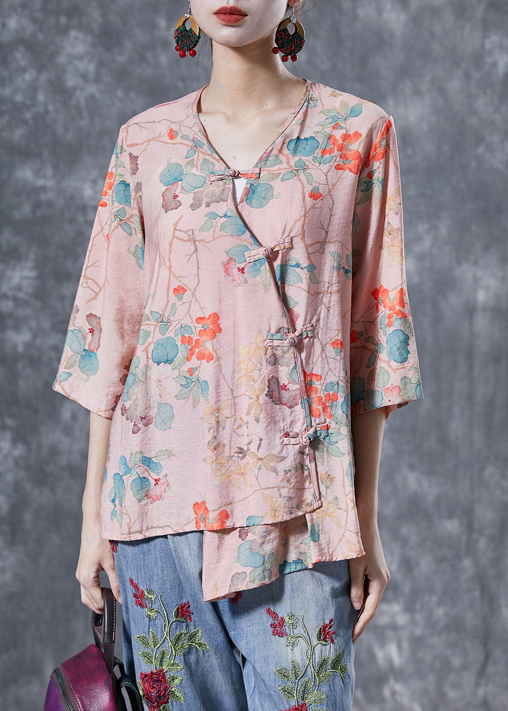 Pink Chinese Button Print Linen Shirts Bracelet Sleeve