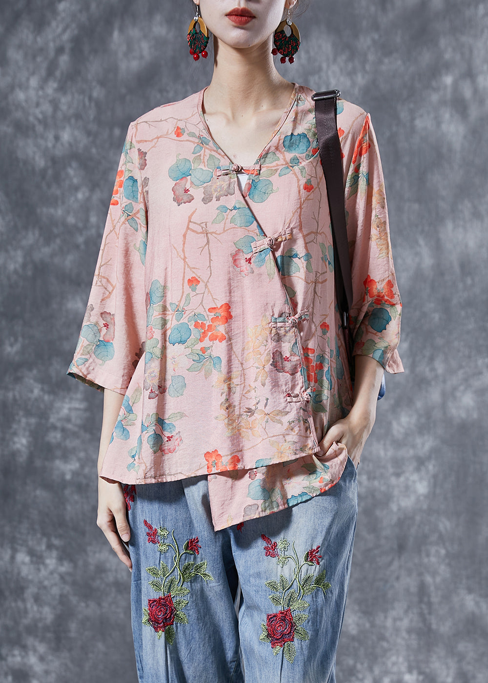 Pink Chinese Button Print Linen Shirts Bracelet Sleeve