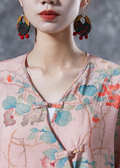 Pink Chinese Button Print Linen Shirts Bracelet Sleeve