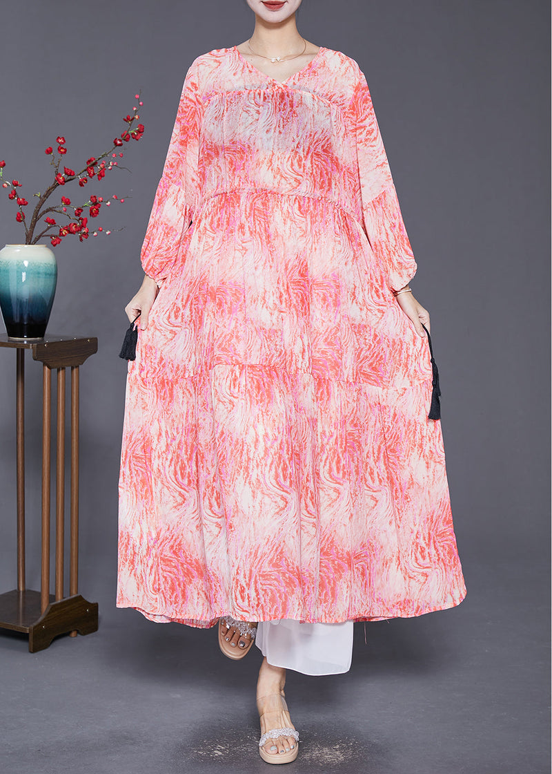 Pink Cinched Print Chiffon Vacation Dresses Fall