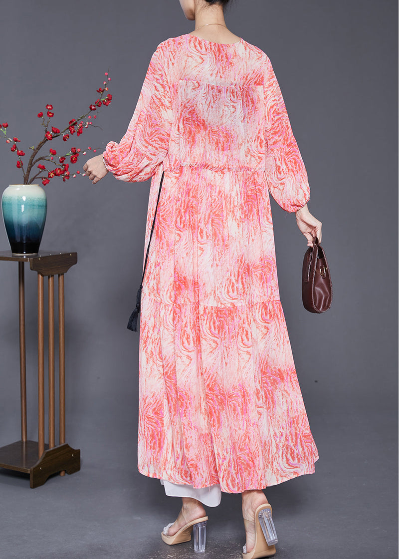 Pink Cinched Print Chiffon Vacation Dresses Fall