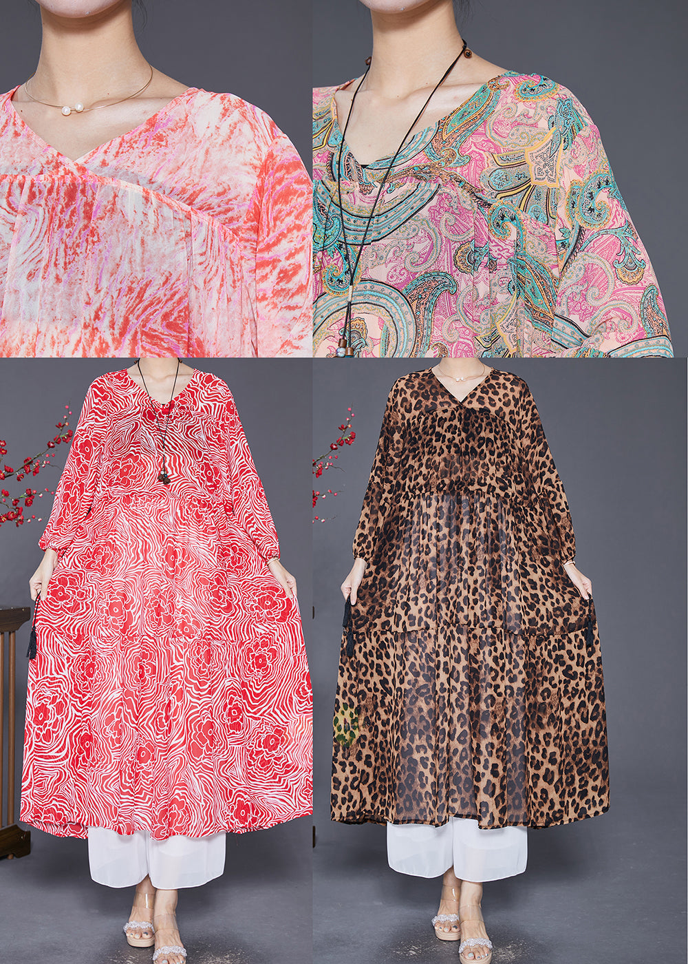 Pink Cinched Print Chiffon Vacation Dresses Fall