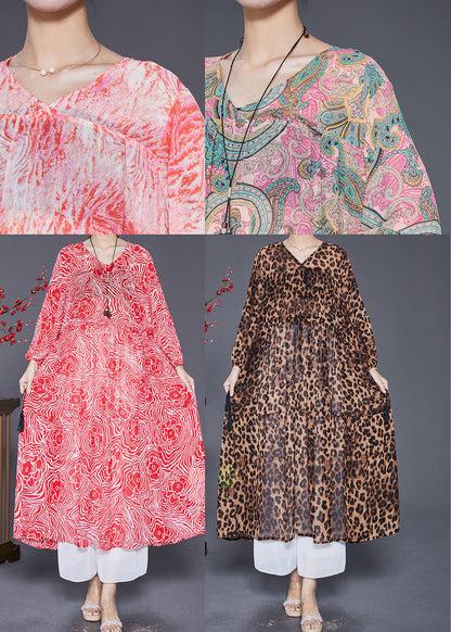 Pink Cinched Print Chiffon Vacation Dresses Fall