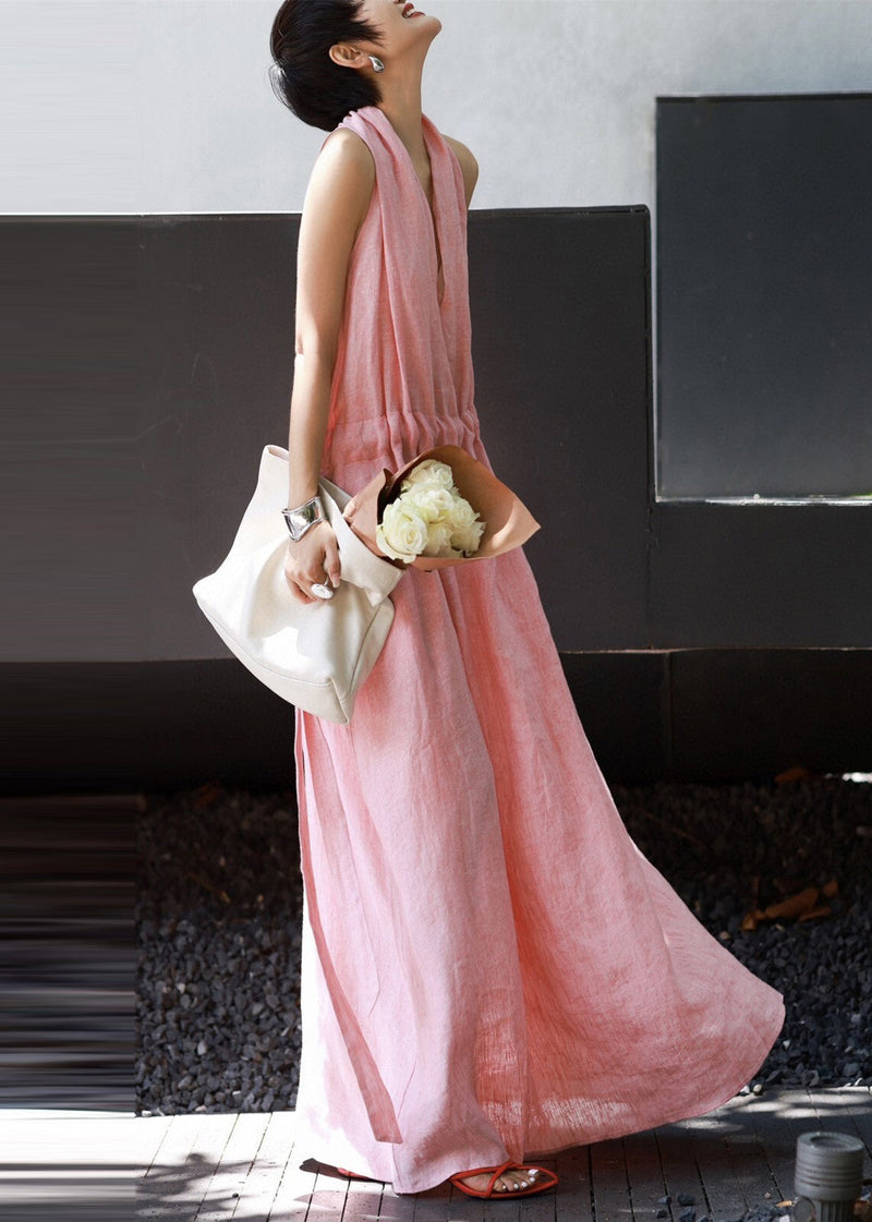 Pink Cold Shoulder Drawstring Linen Halter Dresses Summer