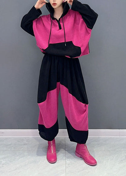Pink Drawstring Patchwork Velour Hooded Top and Pants Two Pieces Set Fall