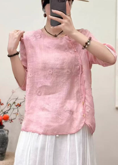 Pink Embroidered Chinese Button Linen Tops Half Sleeve