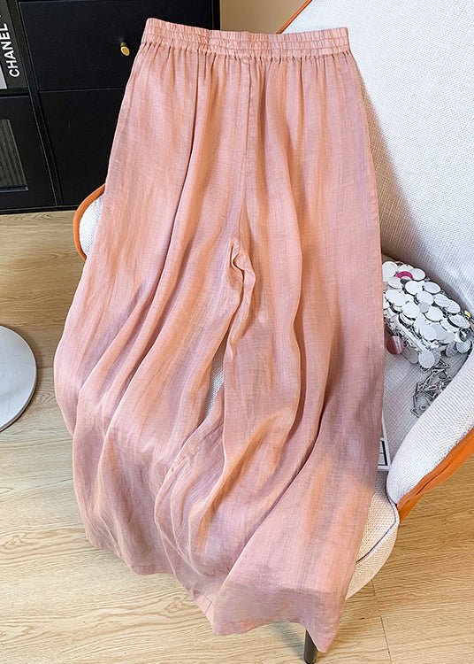 Pink Embroidered Elastic Waist Linen Wide Leg Pants Summer