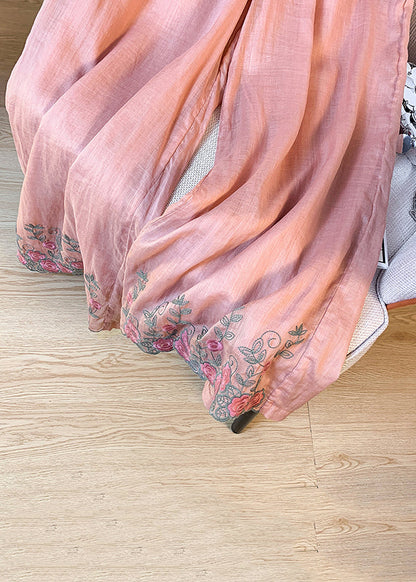 Pink Embroidered Elastic Waist Linen Wide Leg Pants Summer
