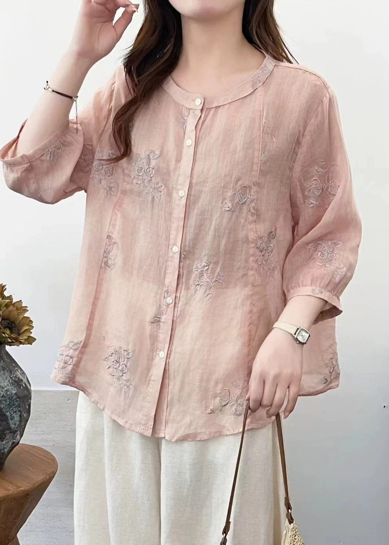 Pink Embroidered Linen Loose Shirt Half Sleeve
