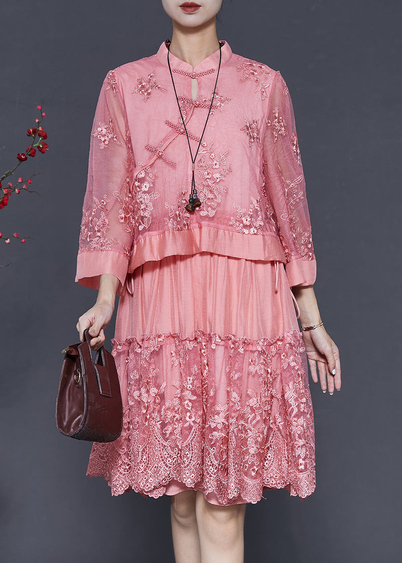Pink Embroidered Patchwork Tulle Oriental Dress Spring