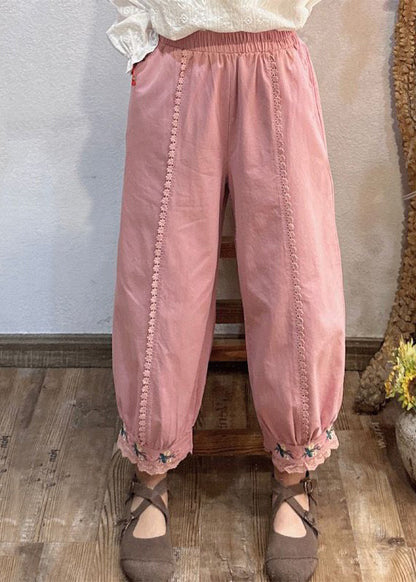 Pink Embroideried Pockets Elastic Waist Cotton Crop Pants Spring