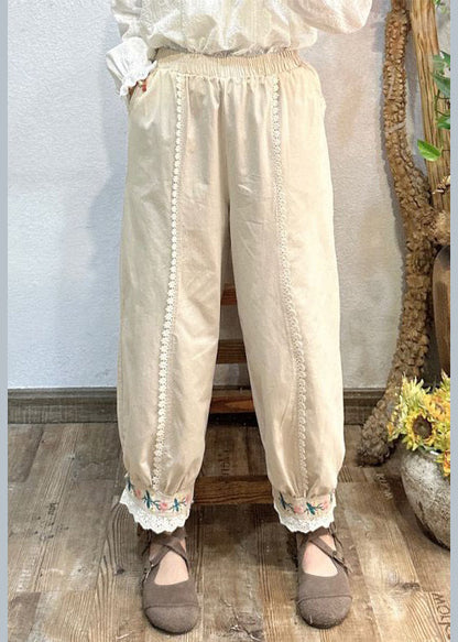 Pink Embroideried Pockets Elastic Waist Cotton Crop Pants Spring