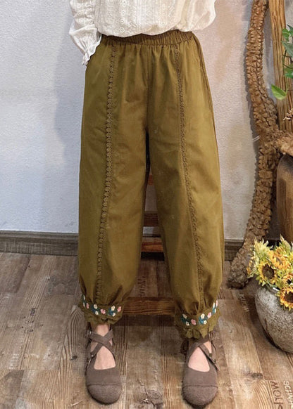 Pink Embroideried Pockets Elastic Waist Cotton Crop Pants Spring