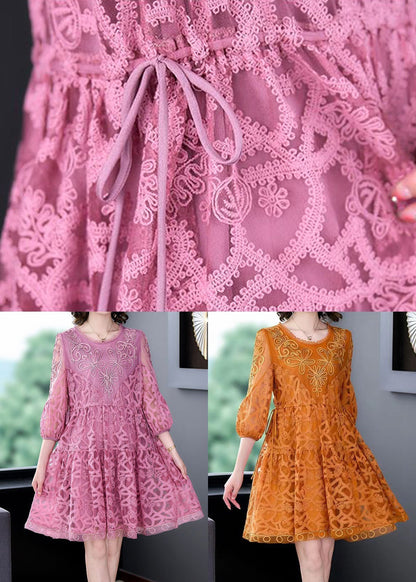 Pink Embroideried Tie Waist Lace Mid Dress Bracelet Sleeve