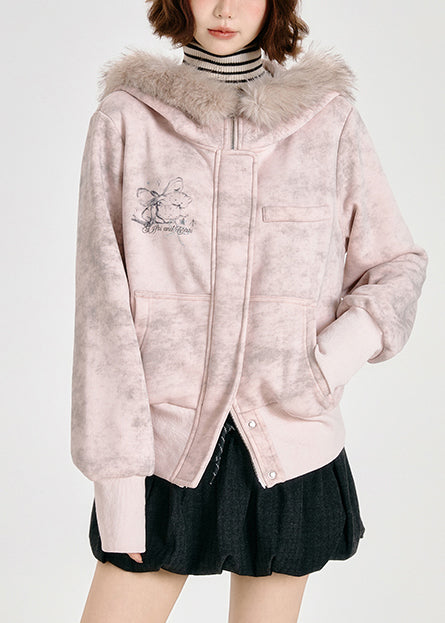 Pink Faux Fur Collar Cotton Hoodies Outwear Spring