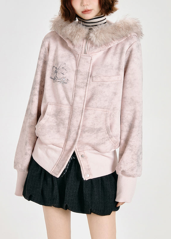 Pink Faux Fur Collar Cotton Hoodies Outwear Spring