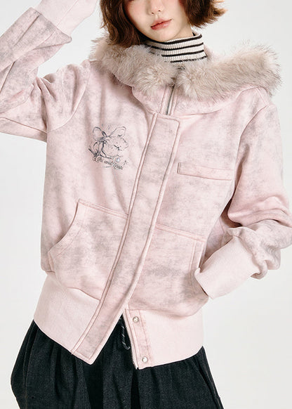Pink Faux Fur Collar Cotton Hoodies Outwear Spring