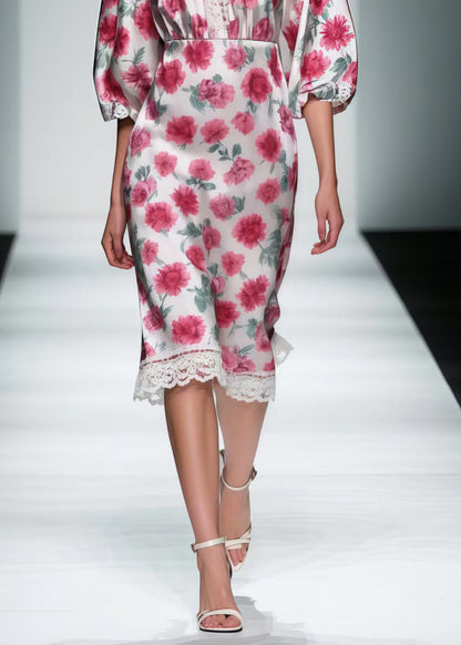 Pink Patchwork Lace Silk Mid Dress Summer