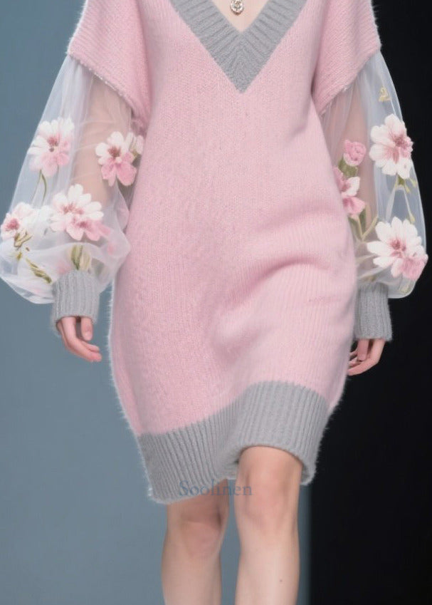 Pink Flower Patchwork Tulle Knit Sweater Dress Fall