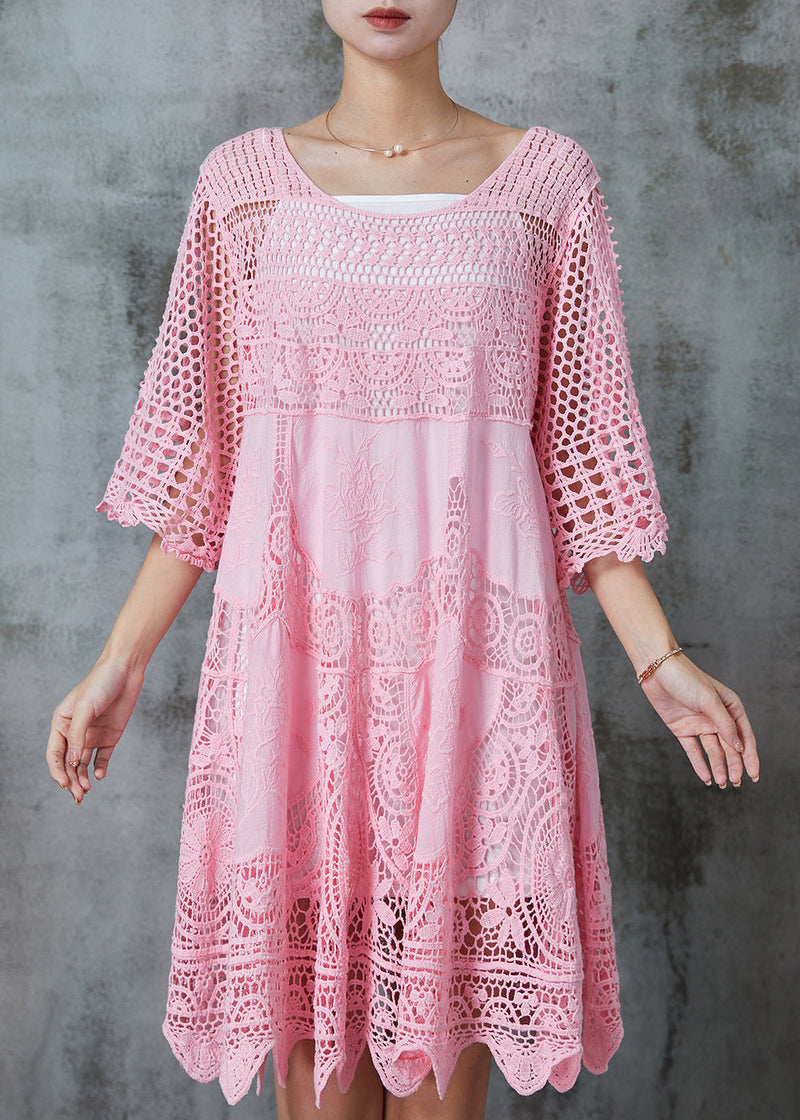 Pink Hollow Out Lace Holiday Dress Summer
