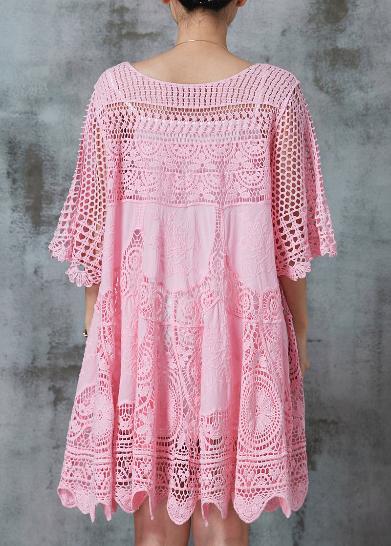 Pink Hollow Out Lace Holiday Dress Summer